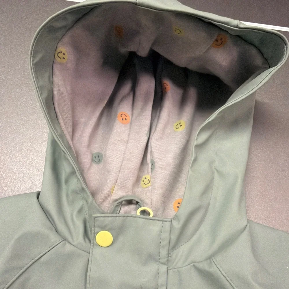 Wonder Nation Baby Raincoat Sage Green Hooded Smiley Face Lining 12M Rain Jacket